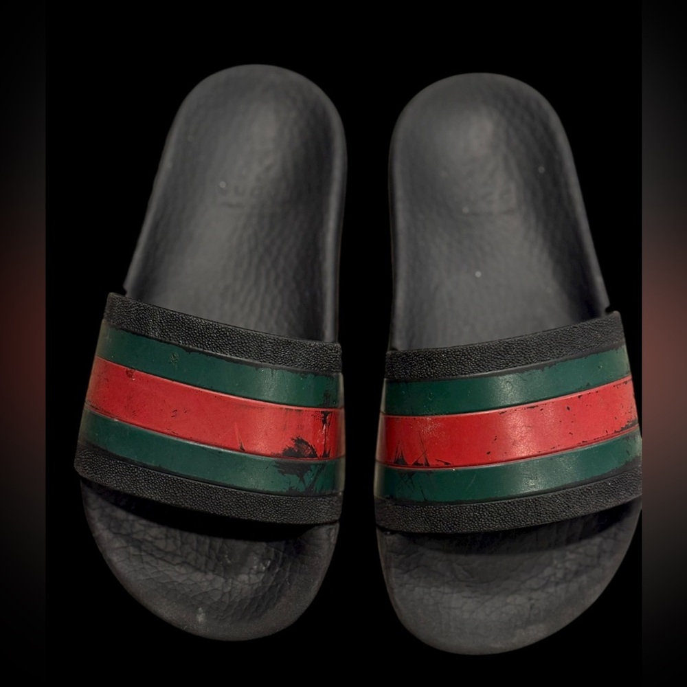 Gucci Black Sandals with Red and Green Accents